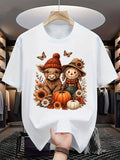 Fall Highland Cow Scarecrow Pumpkin Sunflower Graphic T-Shirt, Cute Autumn Farm Butterfly Floral Print Crew Neck Short Sleeve Casual Tee