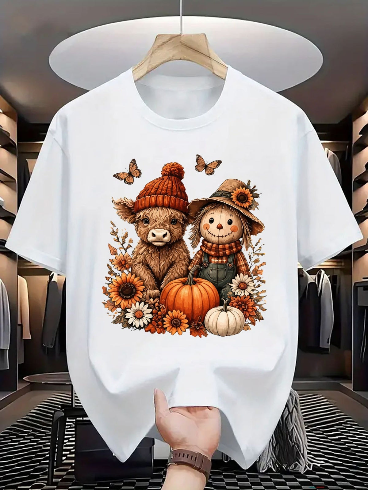 Fall Highland Cow Scarecrow Pumpkin Sunflower Graphic T-Shirt, Cute Autumn Farm Butterfly Floral Print Crew Neck Short Sleeve Casual Tee