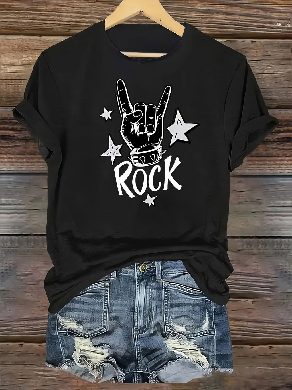 Women Rock Hand Sign Graphic T-Shirt Vintage Rock and Roll Short Sleeve Casual Tee