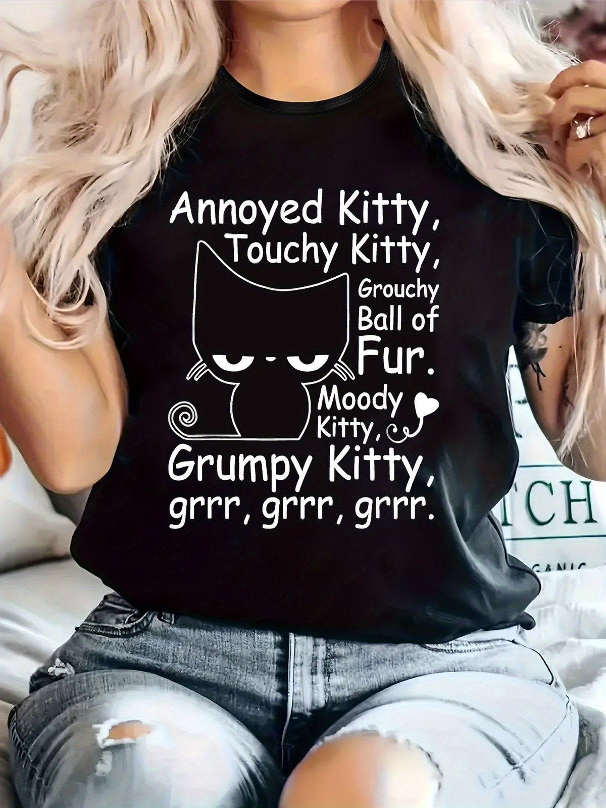 Annoyed Kitty Touchy Kitty Grumpy Kitty Funny Cat Graphic T-Shirt, Moody Black Cat Line Art Print Crew Neck Short Sleeve Casual Tee