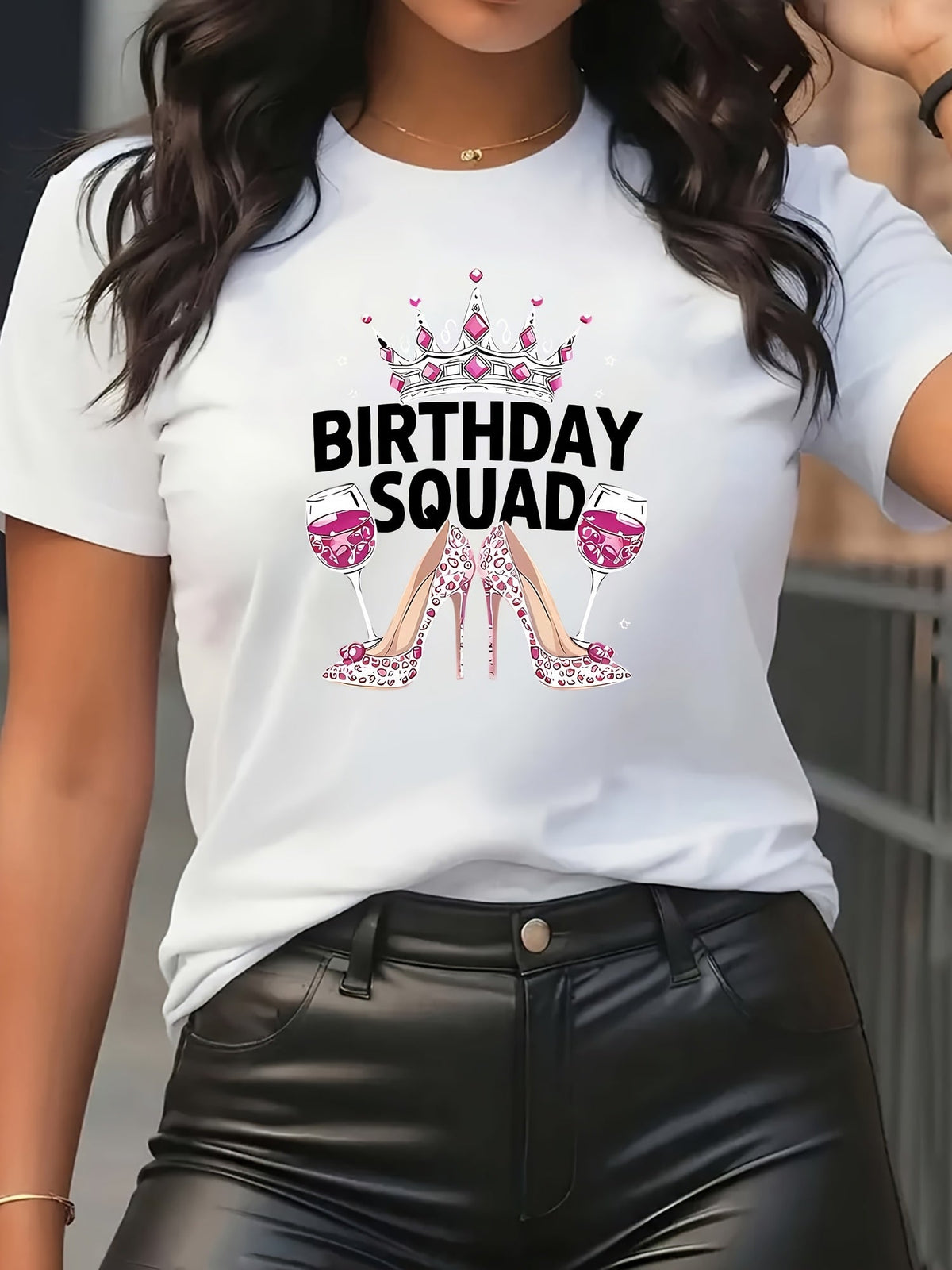 Birthday Crown Print Short Sleeve Tee Dining Event Crew Neck Comfort Top