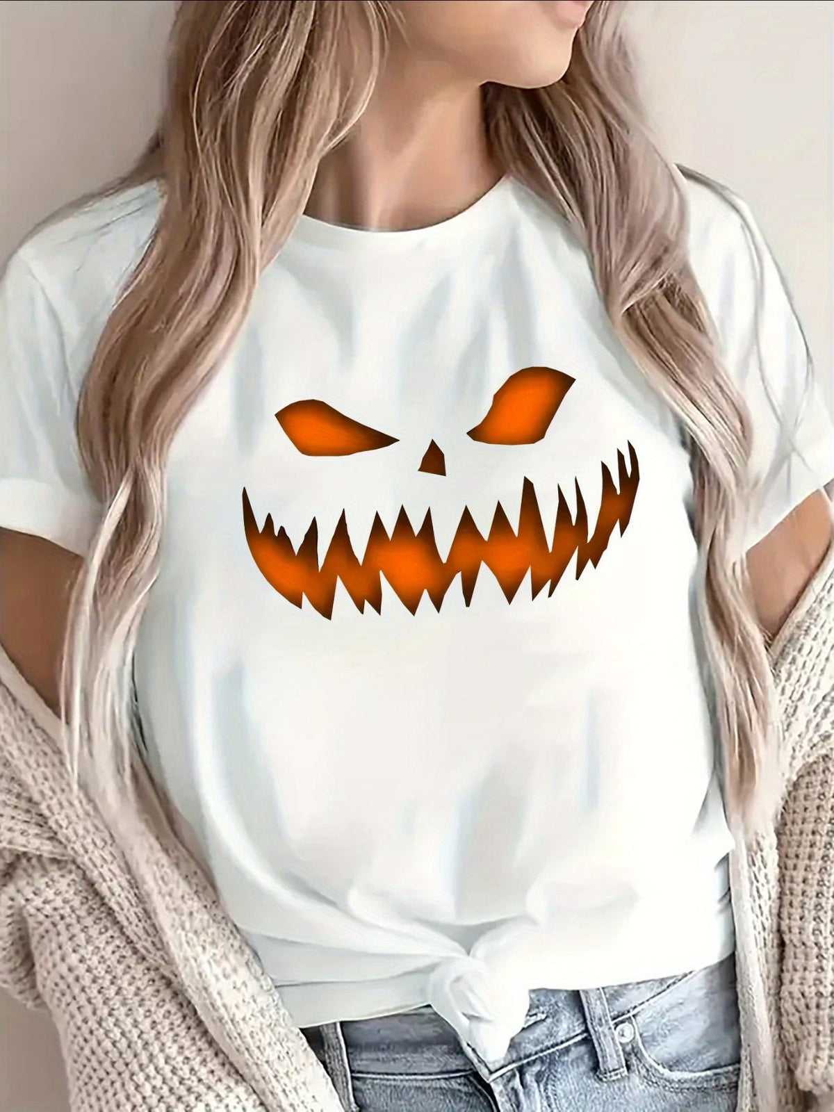 Pumpkin Graphic Black Crew Neck Tee Halloween Home Living Lightweight Top