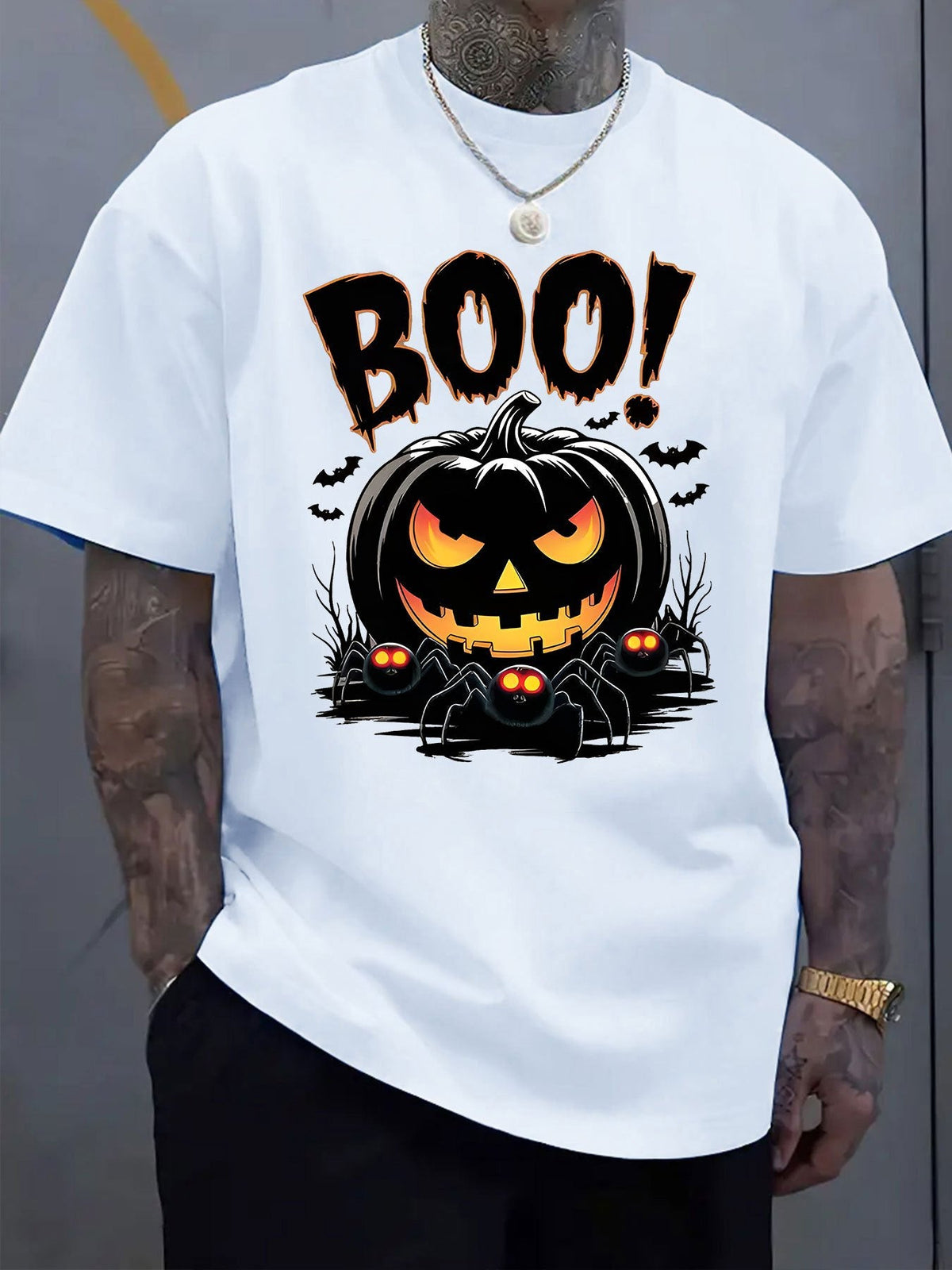 Halloween T-Shirt - Ghost BOO! Halloween Boo Ghost Pumpkin Lantern Bat Graphic Tee for Men Women, Cute Spooky Fall Short Sleeve T-Shirt, Casual Crew Neck Top for Halloween Gift