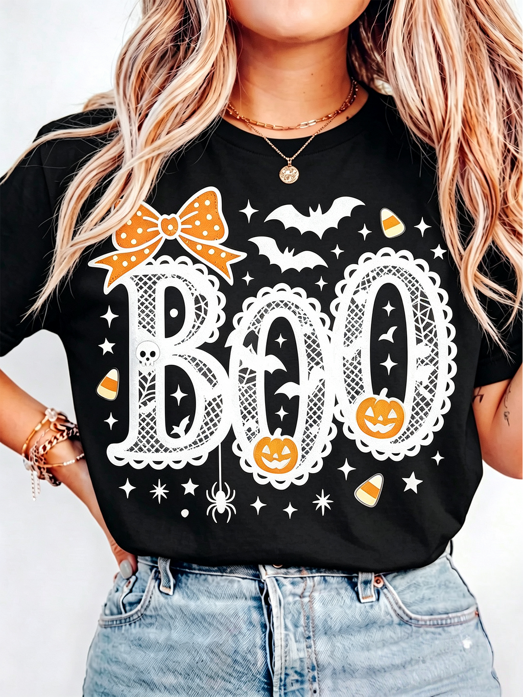 Women Boo Halloween Graphic T-Shirt Pumpkin Bow Spider Bat Candy Corn Casual Short Sleeve Tee