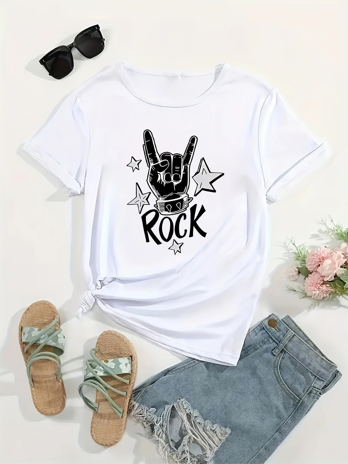 Women Rock Hand Sign Graphic T-Shirt Vintage Rock and Roll Short Sleeve Casual Tee