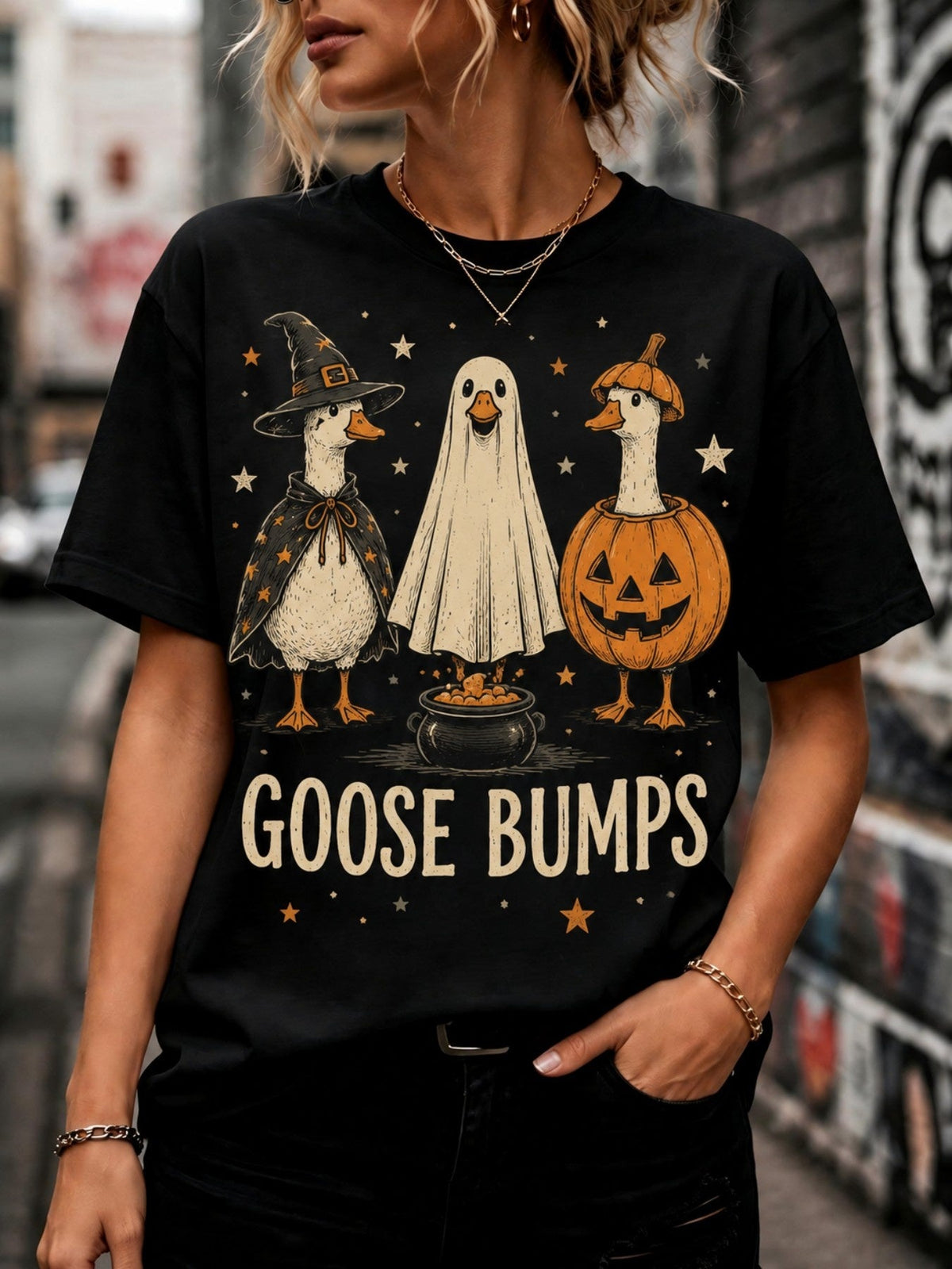 Women Halloween Goose Bumps Graphic T‑Shirt Spooky Ghost Duck Pumpkin Jack‑o‑Lantern Print Short Sleeve Fall Casual Tee