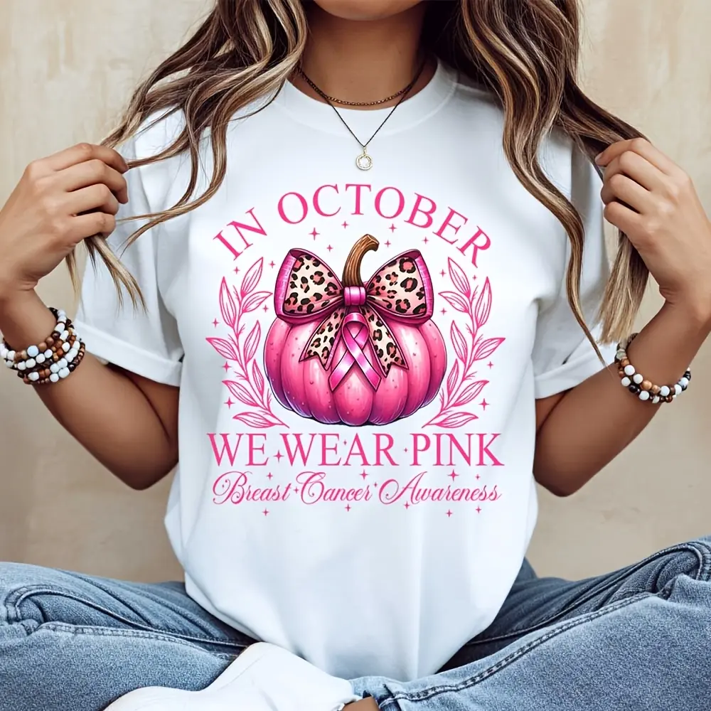 Pink Pumpkin Leopard Bow Print T-Shirt, October Breast Cancer Awareness Month Graphic Tee
