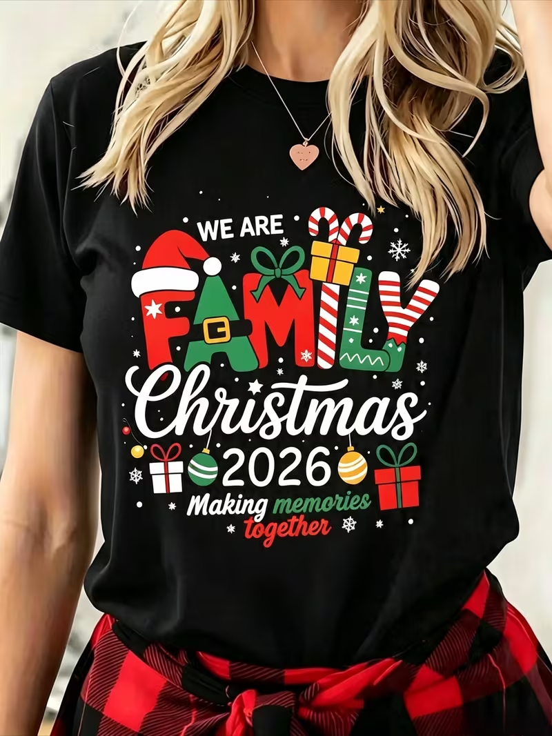 We Are Family Christmas 2026 Graphic T‑Shirt, Festive Making Memories Together Crew Neck Short‑Sleeve Casual Holiday Tee for Family Matching Xmas Outfits