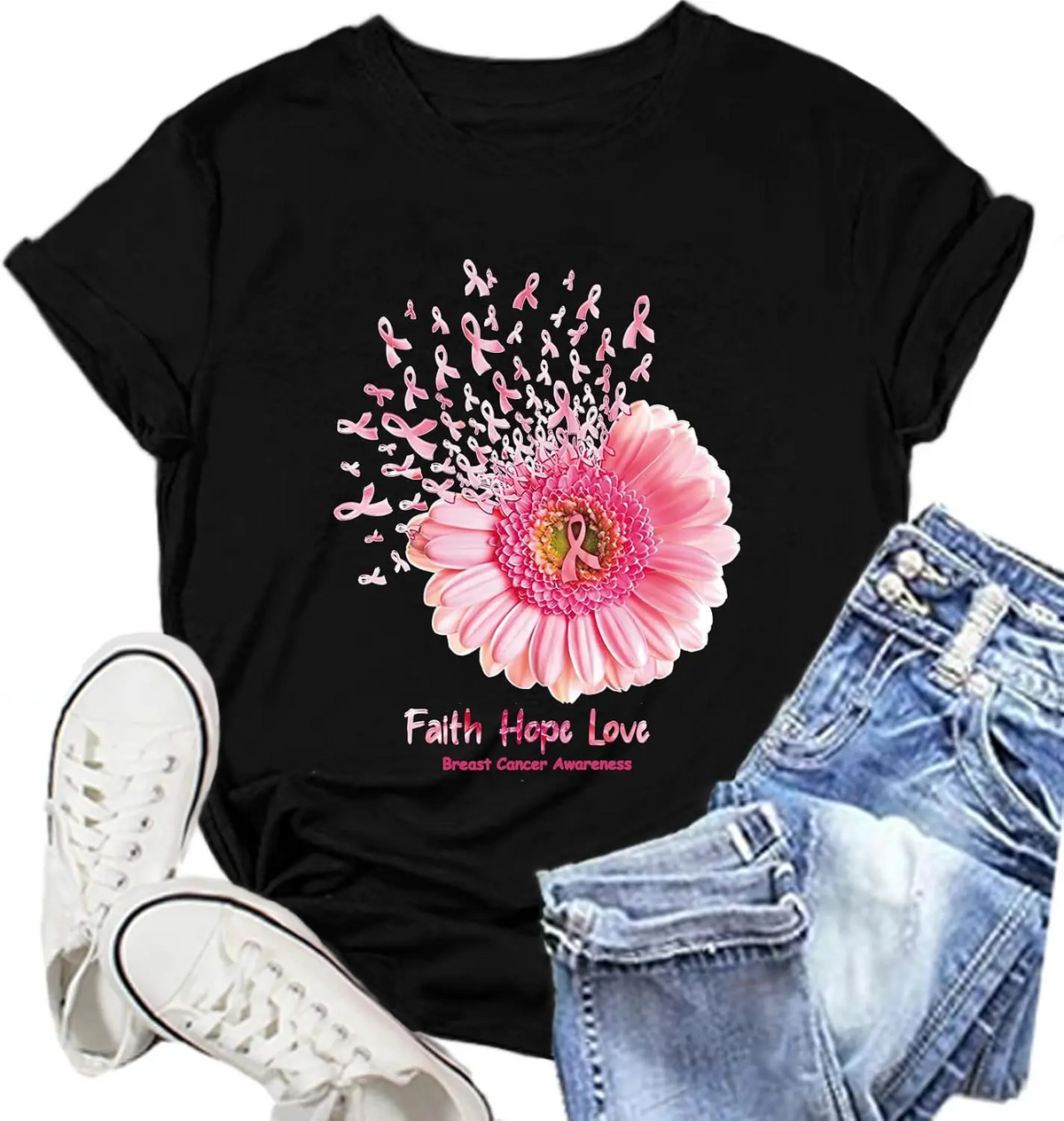 Women's Comfortable Short-Sleeve Casual Breathable Floral Print Tee Tops ,Faith Hope Love Pink Daisy, Pink Ribbon