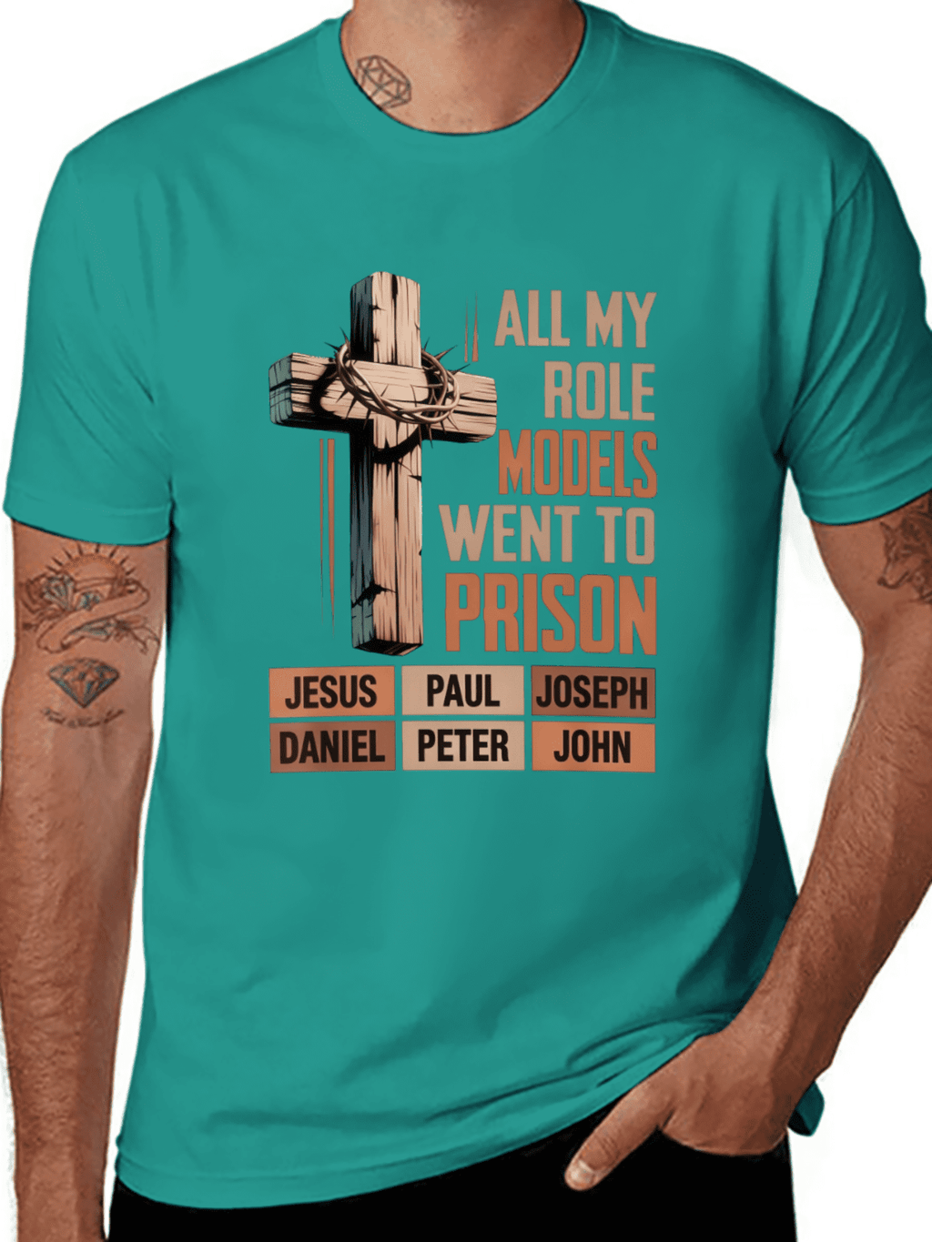 "All My Role Models Went To Prison" Bible Characters Cross Graphic T-Shirt for Men & Women - Vintage Christian Faith Tee, Soft Breathable Cotton Crew Neck Short Sleeve