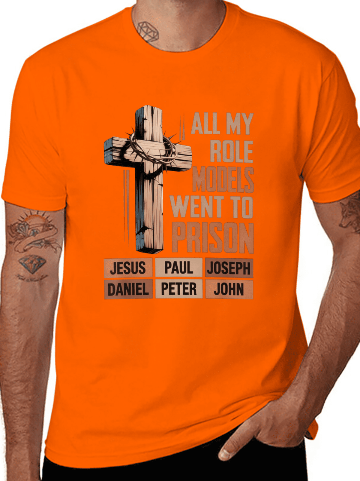 "All My Role Models Went To Prison" Bible Characters Cross Graphic T-Shirt for Men & Women - Vintage Christian Faith Tee, Soft Breathable Cotton Crew Neck Short Sleeve