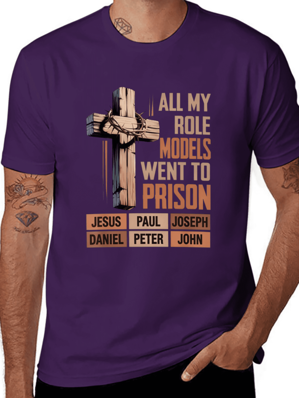 "All My Role Models Went To Prison" Bible Characters Cross Graphic T-Shirt for Men & Women - Vintage Christian Faith Tee, Soft Breathable Cotton Crew Neck Short Sleeve