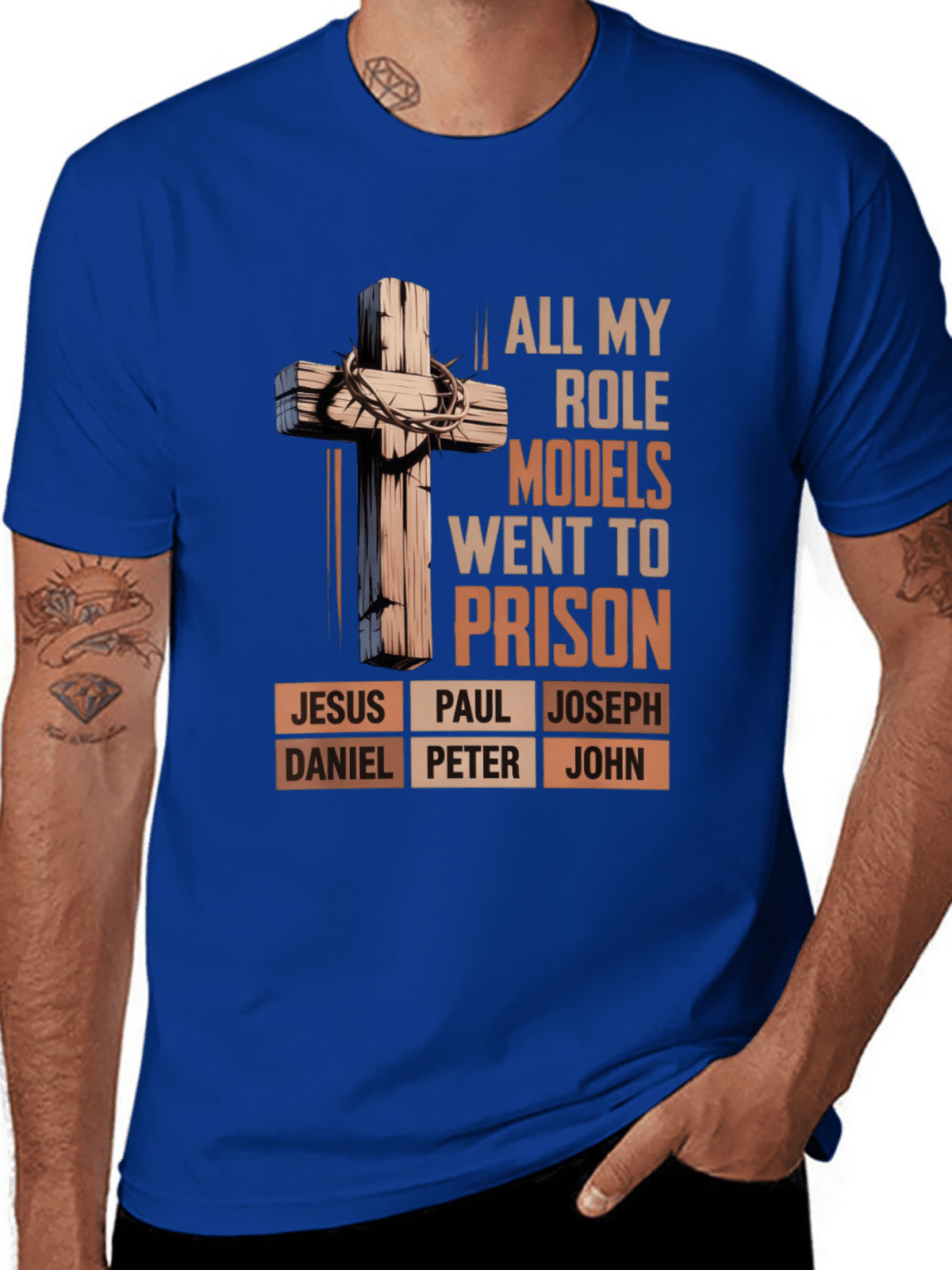 "All My Role Models Went To Prison" Bible Characters Cross Graphic T-Shirt for Men & Women - Vintage Christian Faith Tee, Soft Breathable Cotton Crew Neck Short Sleeve