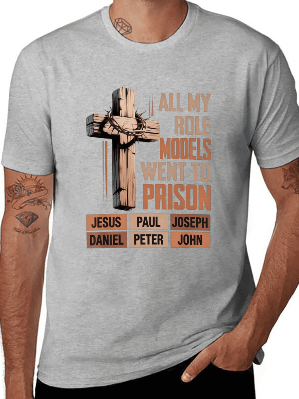 "All My Role Models Went To Prison" Bible Characters Cross Graphic T-Shirt for Men & Women - Vintage Christian Faith Tee, Soft Breathable Cotton Crew Neck Short Sleeve