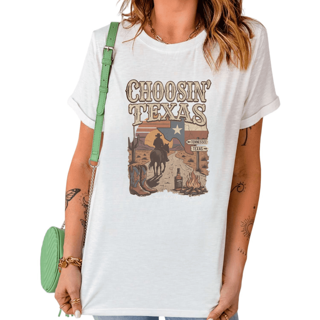 Choosin Texas Western Cowboy Desert Print Tshirt Graphic Tees Shirts Lone Star State Southern Country Music Fan Gift Black Tops S-5XL