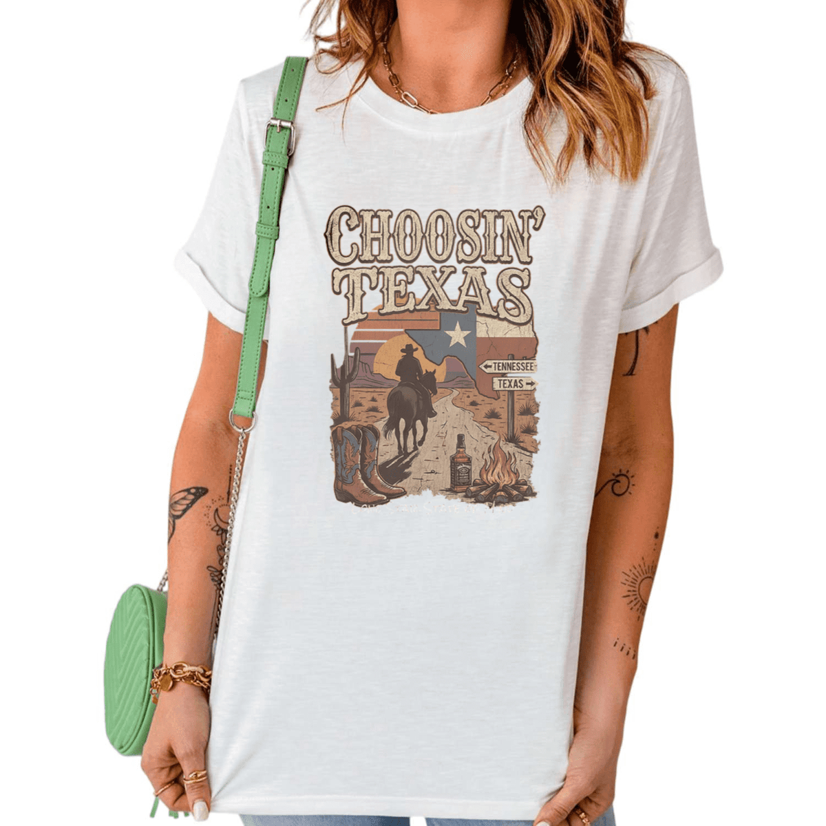 Choosin Texas Western Cowboy Desert Print Tshirt Graphic Tees Shirts Lone Star State Southern Country Music Fan Gift Black Tops S-5XL