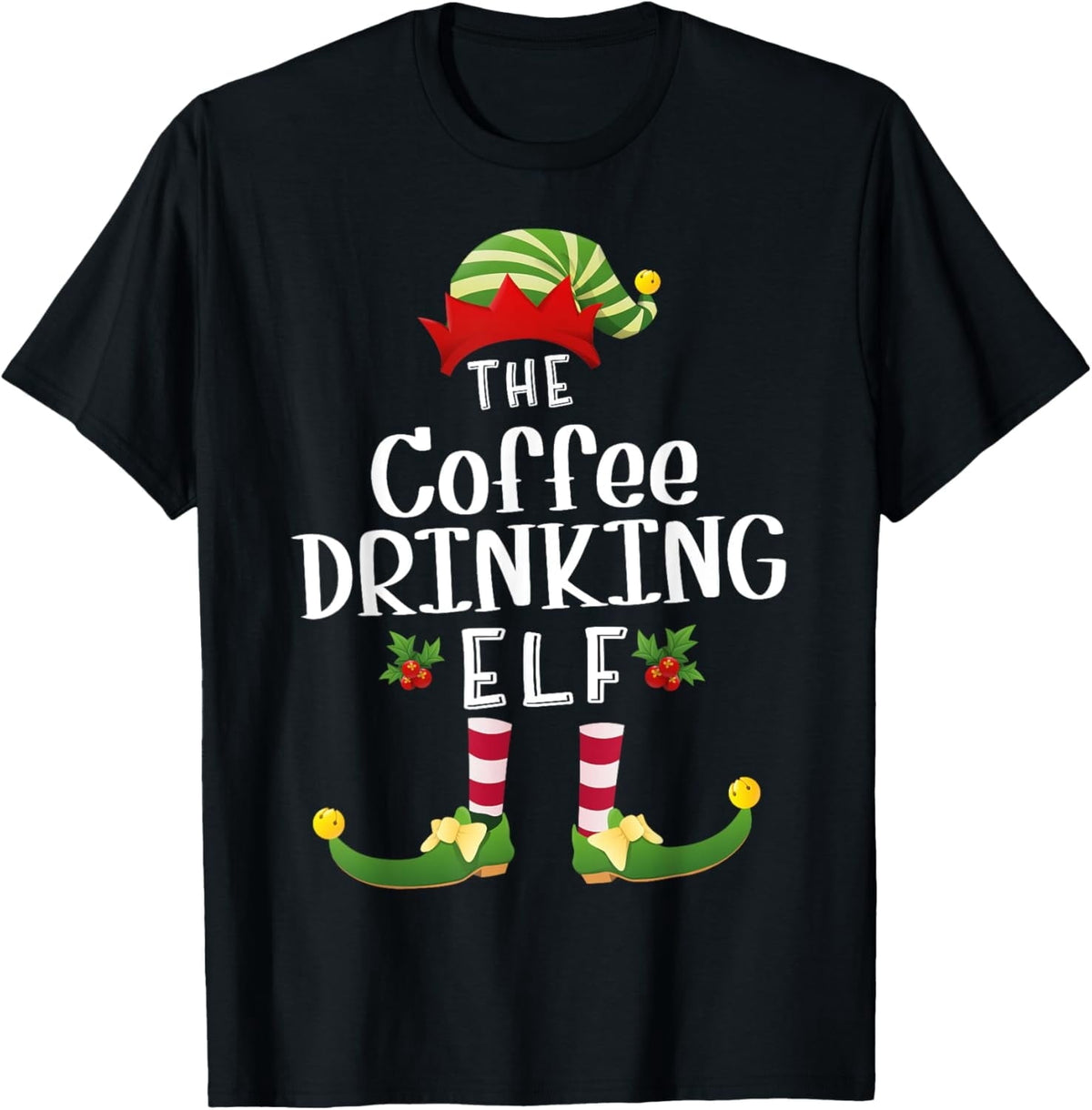 Coffee Drinking Christmas Elf Matching Pajama X-Mas Party Mens T-Shirt