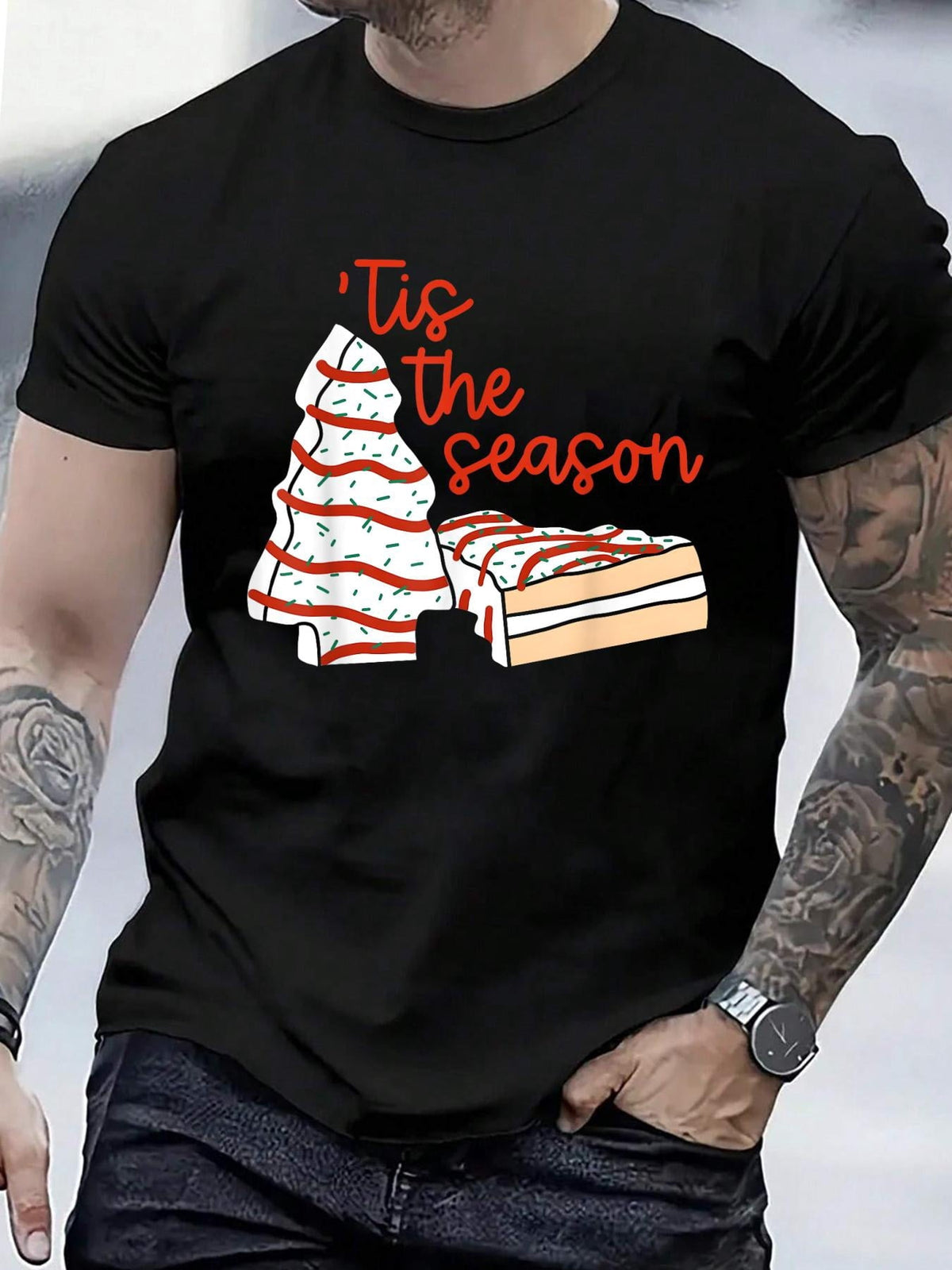 Cotton Funny Tis The Season Design Christmas Tree Cakes Debbie T-Shirt Men's Graphic Tee,Casual Short Sleeve Shirt
