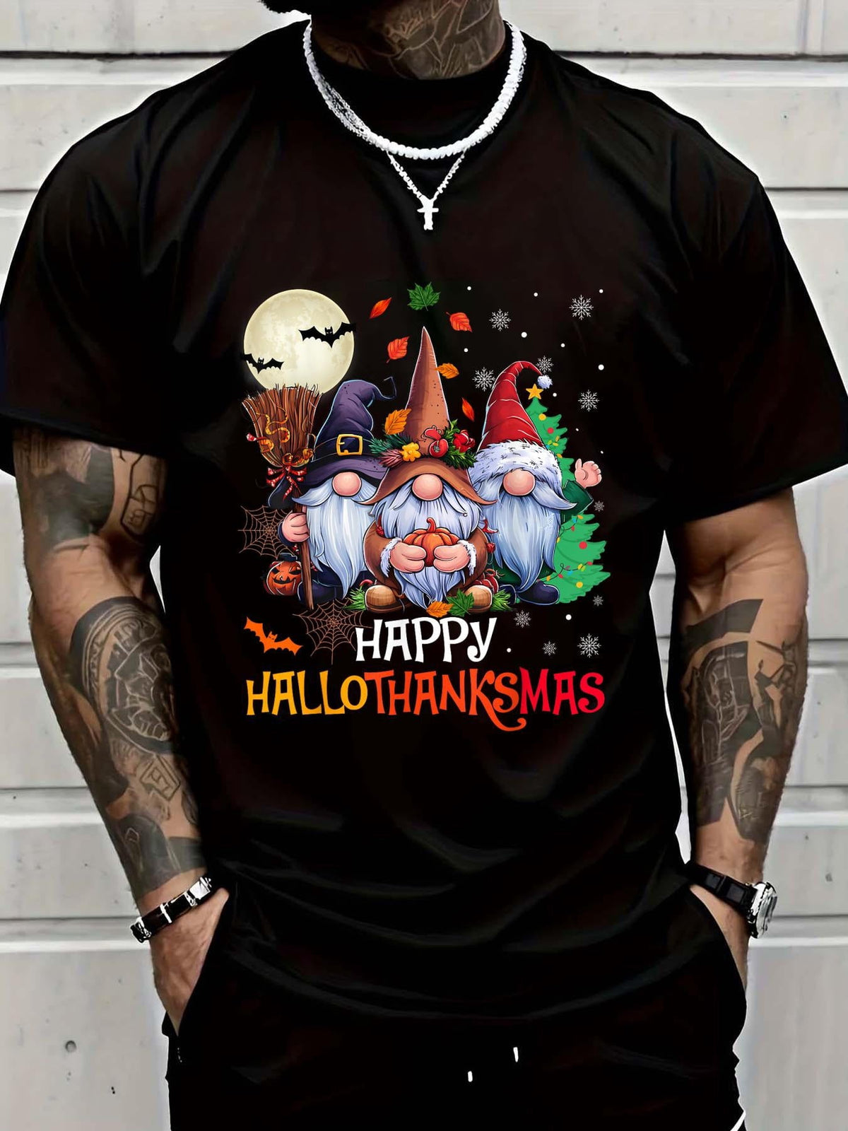 Cotton Happy Hallothanksmas Gnomes Lover Halloween Merry Christmas T-Shirt Men's Graphic Tee,Casual Short Sleeve Shirt