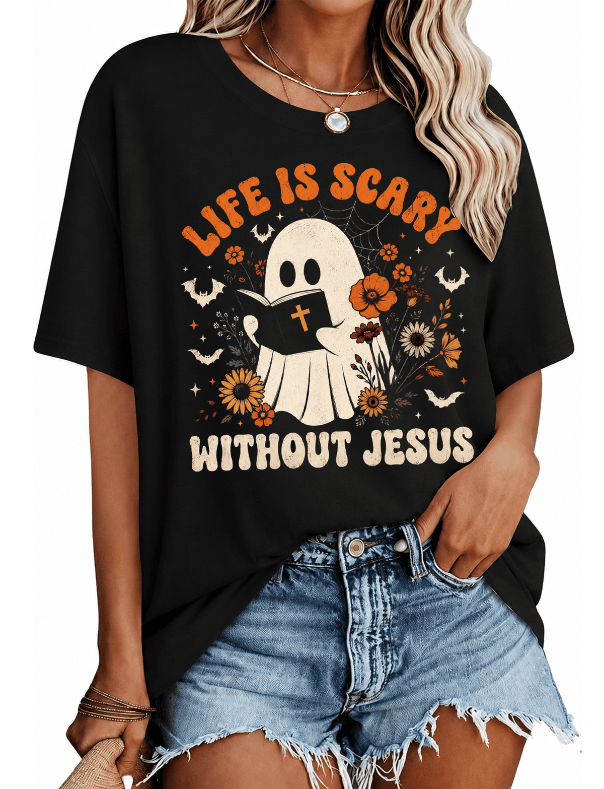 GODMERCH Life Is Scary Without Jesus Halloween T Shirt Ghost Graphic Tee for Women Spooky Season