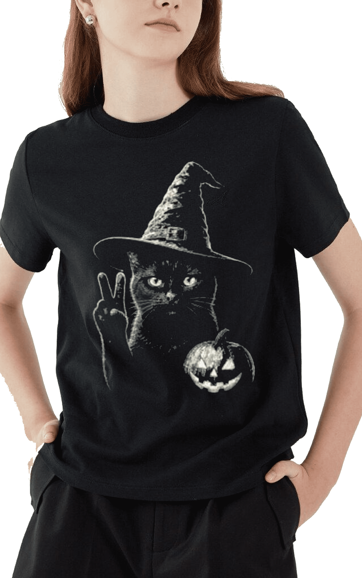 GODMERCH Witch Black Cat Halloween T Shirt Spooky Pumpkin Graphic Tee for Women Cat Lovers