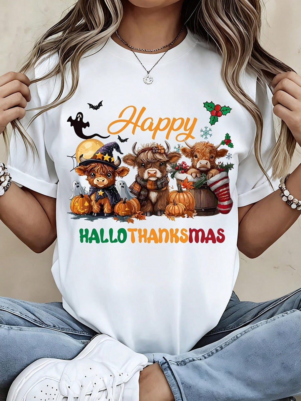 Happy Hallothanksmas Highland Cow Halloween Thanksgiving Christmas Graphic Tee Women Funny Holiday Seasonal Cute Animal Shirt