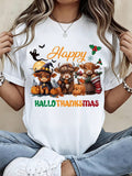 Happy Hallothanksmas Highland Cow Halloween Thanksgiving Christmas Graphic Tee Women Funny Holiday Seasonal Cute Animal Shirt