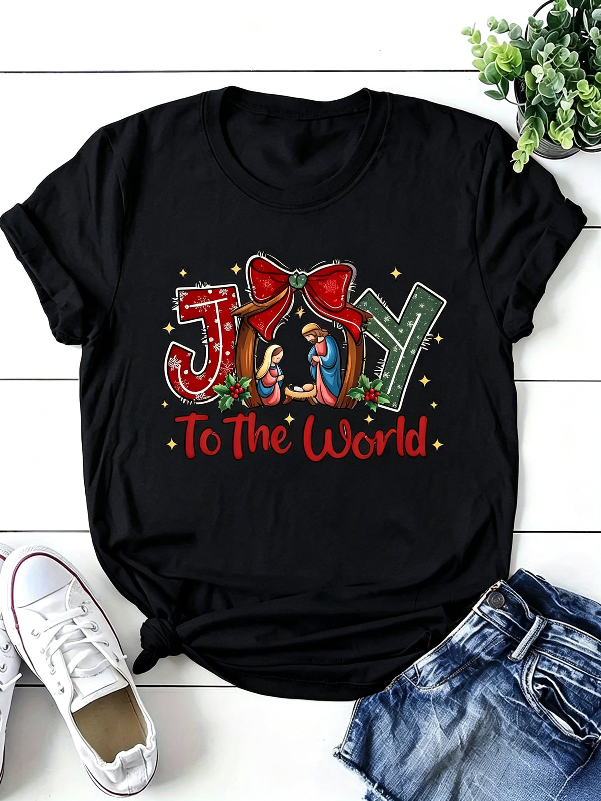 Joy To The World T-Shirt Christian Nativity Scene Christmas Red Bow Graphic Tee