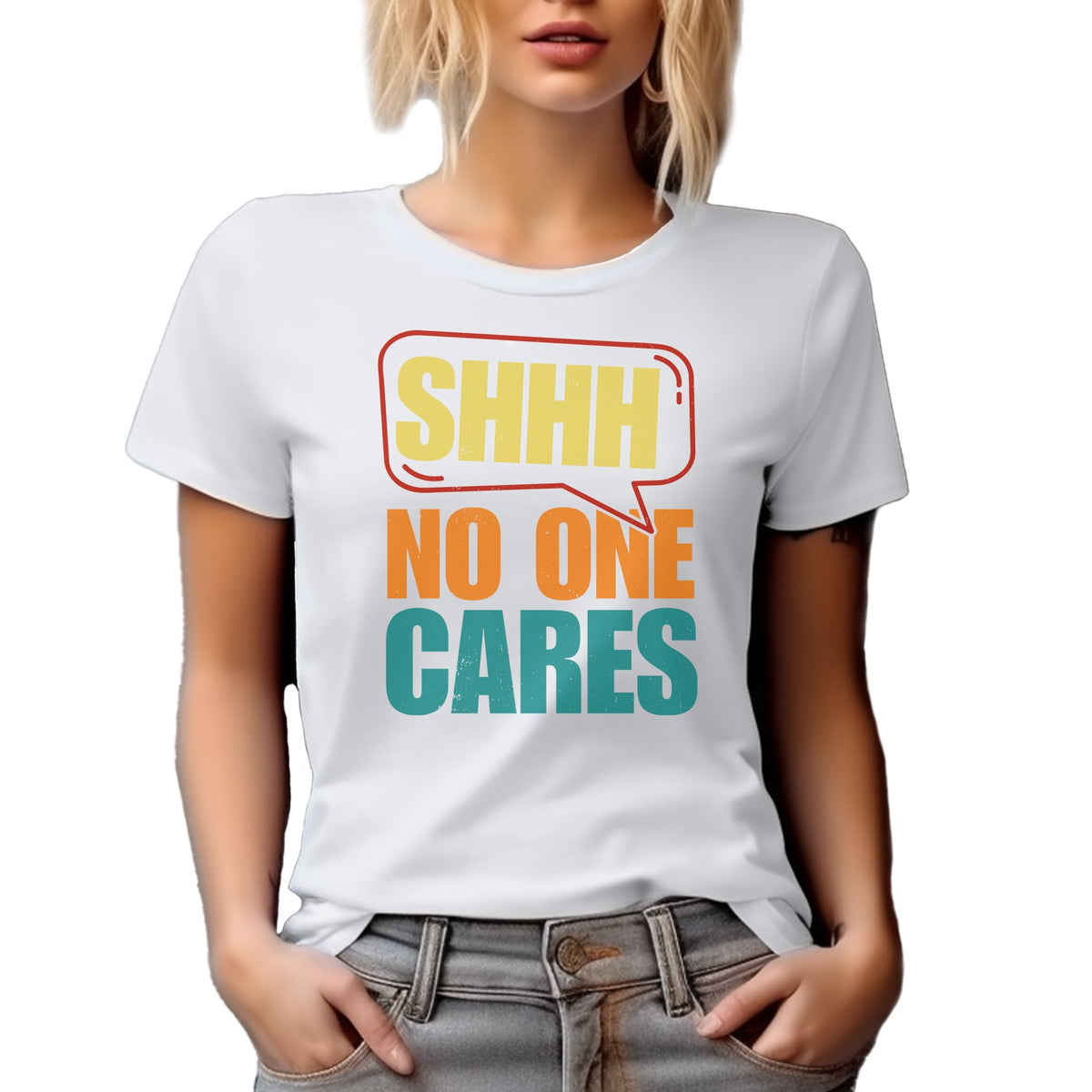 Shhh, No One Cares, Sarcastic Saying, White T-Shirt, 2XL