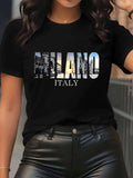 Skyline Print Short Sleeve Tee Restaurant Home Lightweight Crew Neck Top