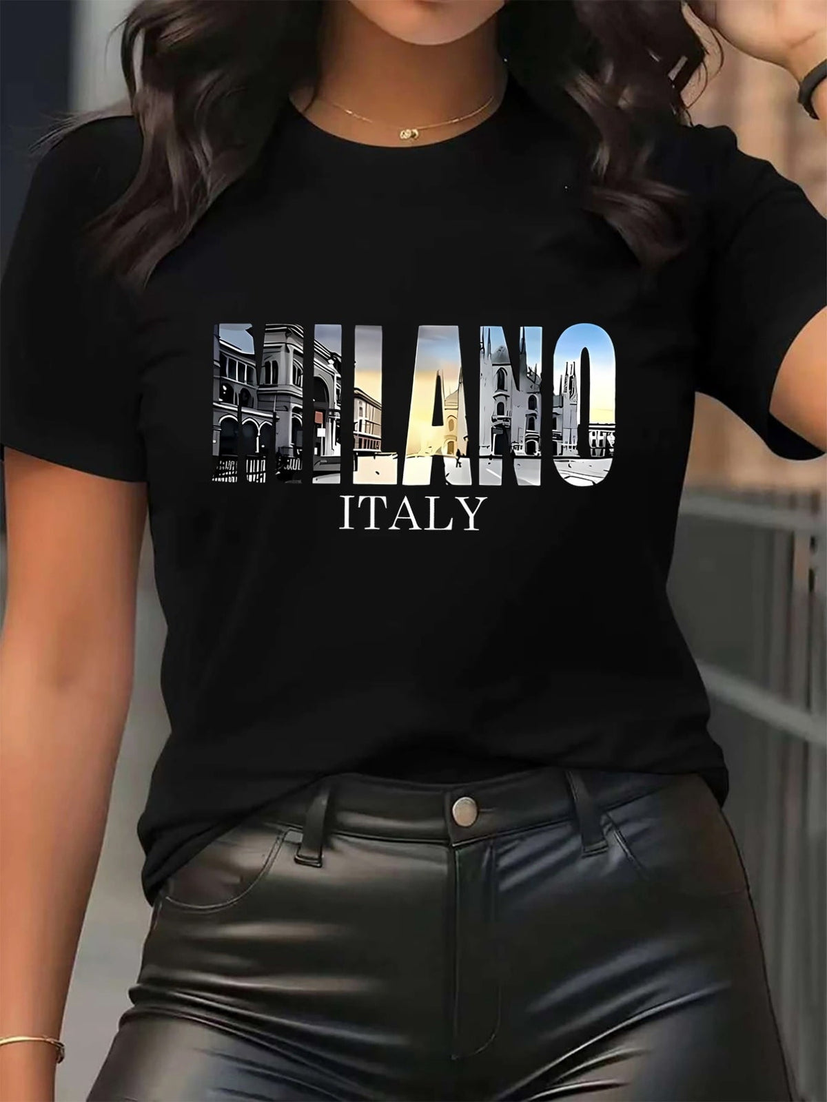 Skyline Print Short Sleeve Tee Restaurant Home Lightweight Crew Neck Top