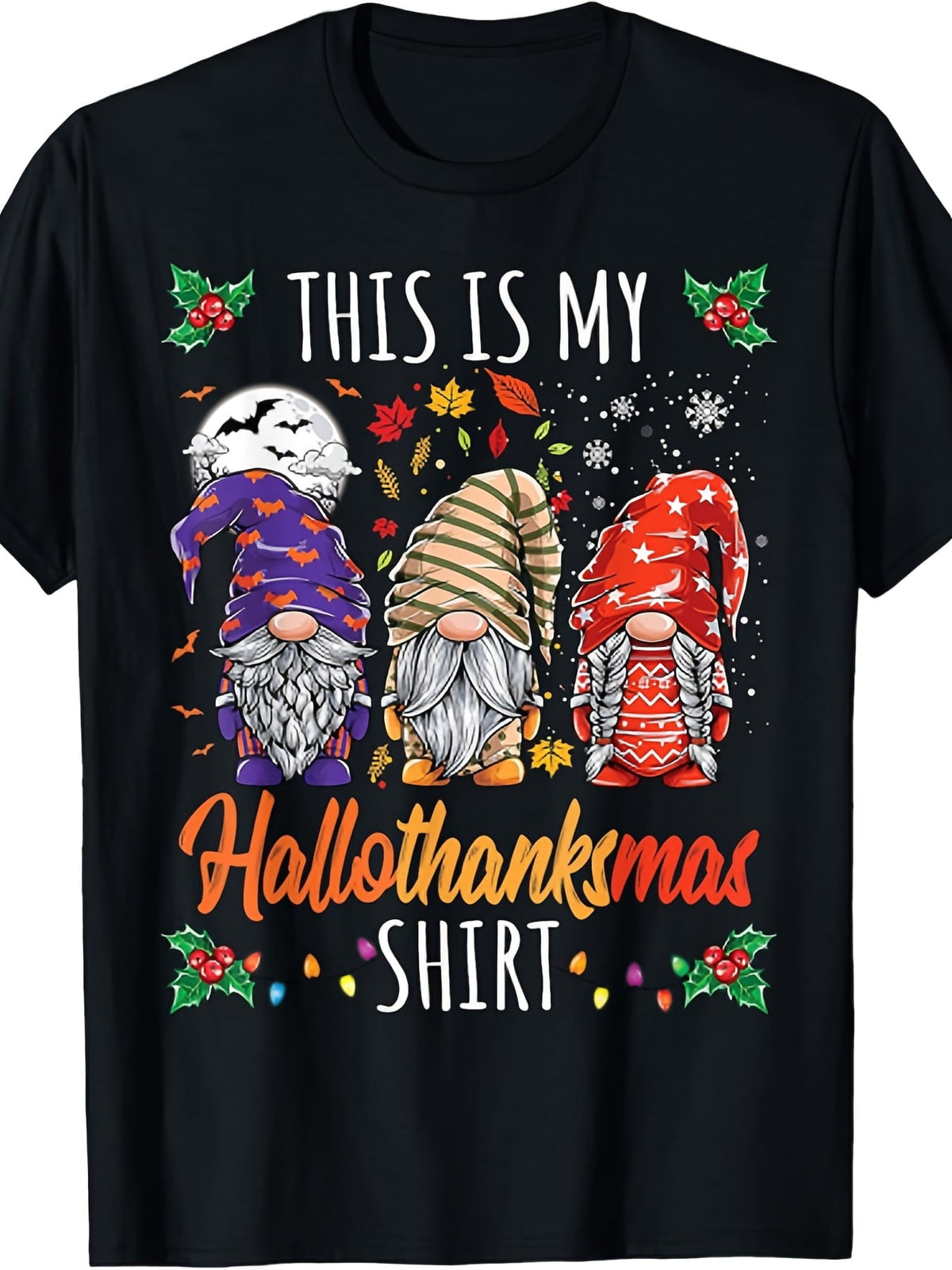 This Is My Hallothanksmas Gnomes Graphic T‑Shirt, Halloween Thanksgiving Christmas Holiday Short‑Sleeve Casual Unisex Tee