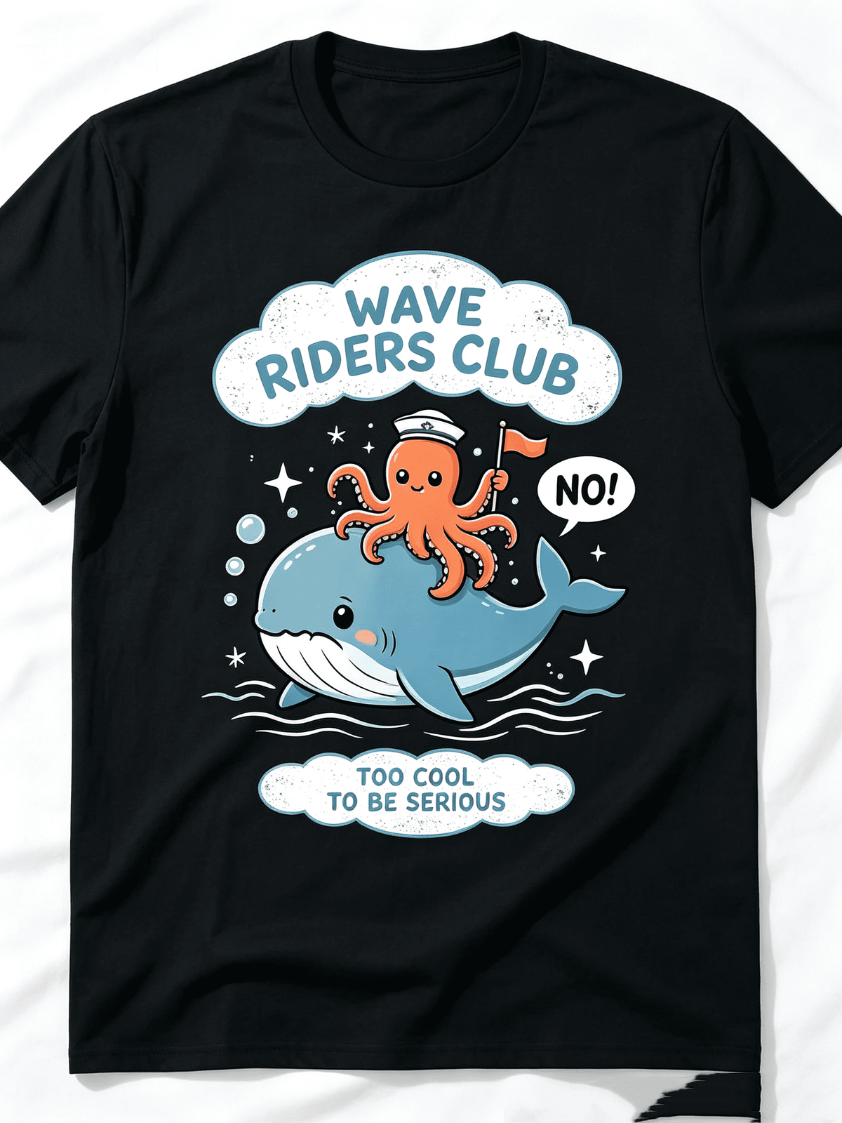 Unisex Black Cotton Graphic T-Shirt, Wave Riders Club Octopus Whale Cartoon Print Short Sleeve Tee, Too Cool To Be Serious Cute Ocean Marine Animal Casual Top For Kids Teens Summer Outfit