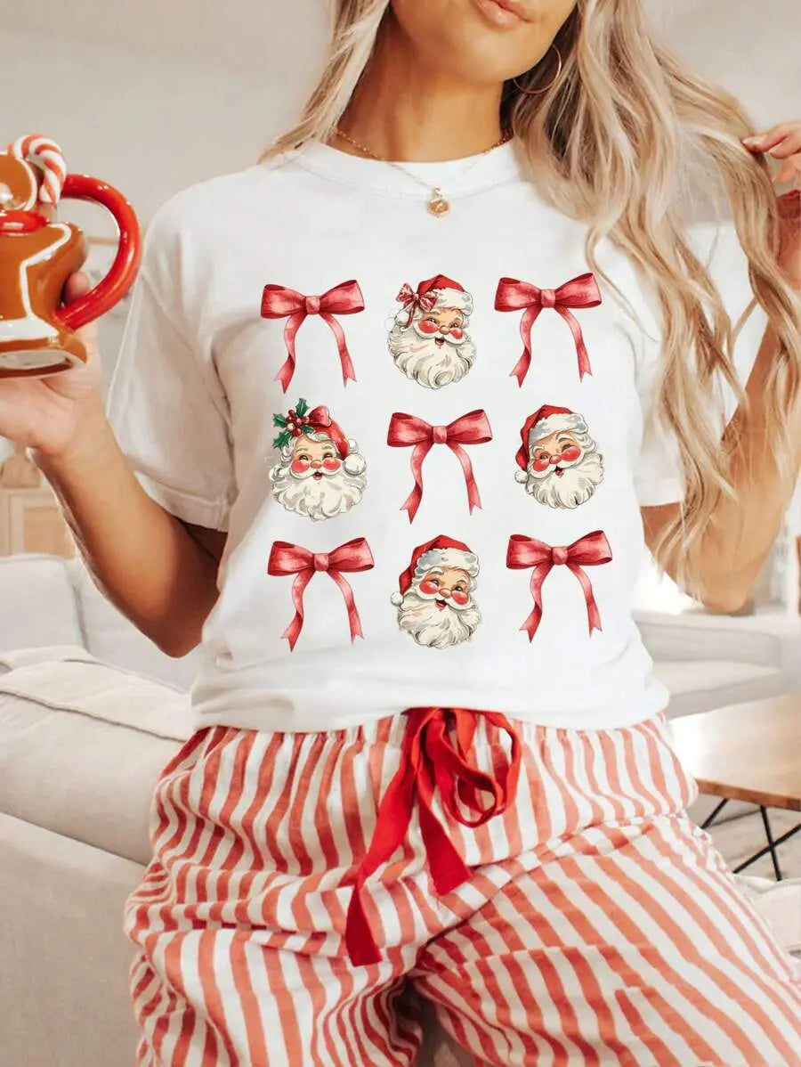 Women Christmas Santa Claus Graphic T‑Shirt, Vintage Santa Red Bow Print Casual Crew Neck Short Sleeve Tee Top Christmas T shirts