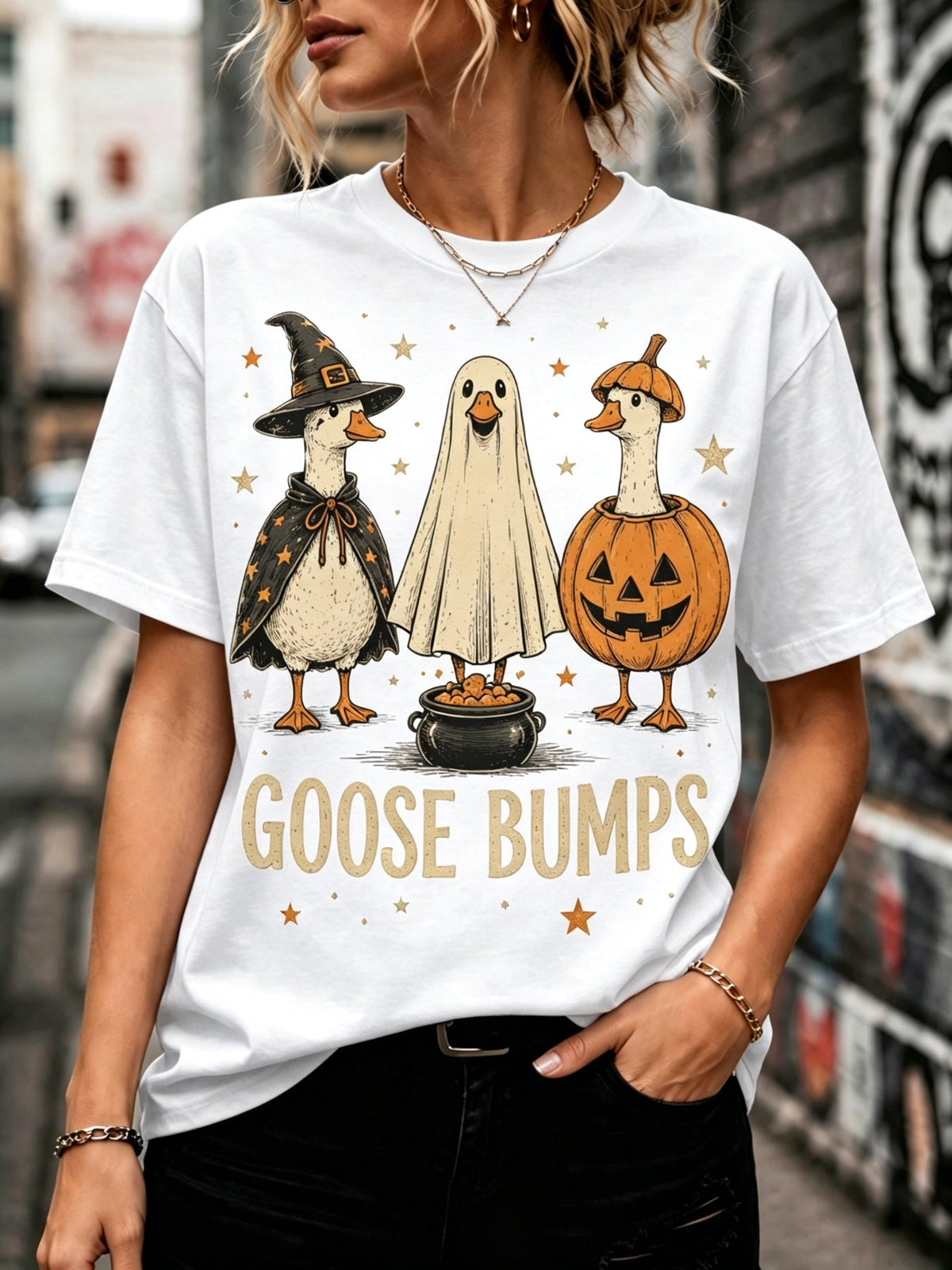 Women Halloween Goose Bumps Graphic T‑Shirt Spooky Ghost Duck Pumpkin Jack‑o‑Lantern Print Short Sleeve Fall Casual Tee