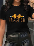 Teacher Pencil Bow Print Short Sleeve Tee Lightweight Crew Neck Top