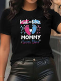 Mom Loves You Print Short Sleeve Tee Living Room Casual Pink Blue Top