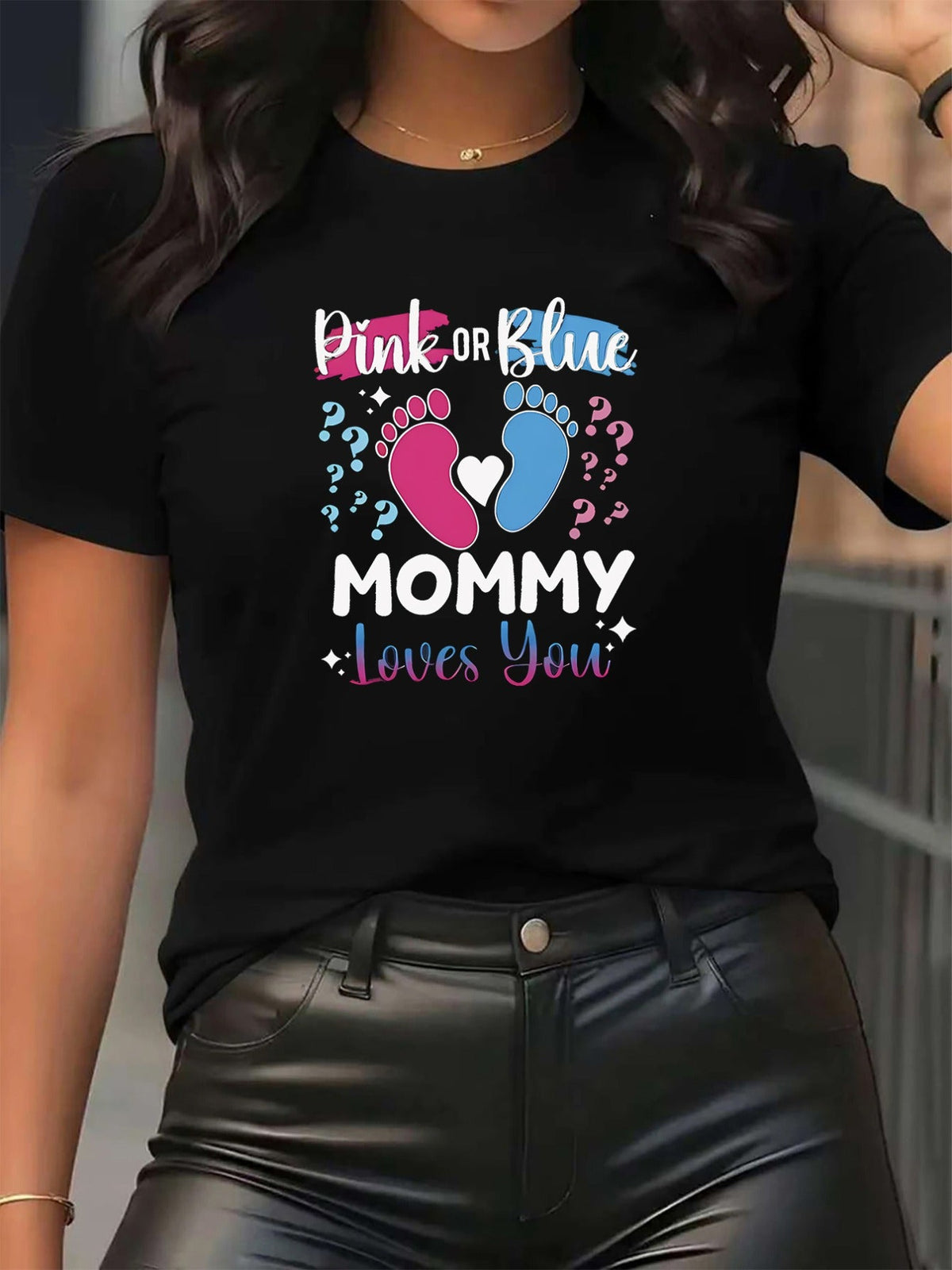 Mom Loves You Print Short Sleeve Tee Living Room Casual Pink Blue Top