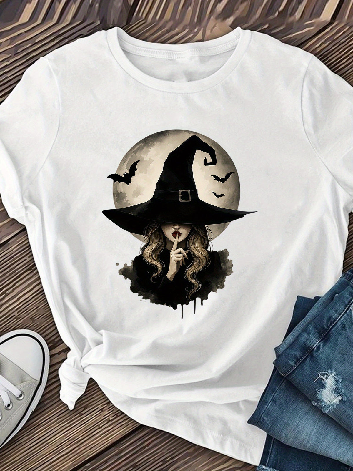 Mysterious Witch Halloween Graphic Tee for Women, Cute Spooky Witchy Short Sleeve T-Shirt, Casual Fall Party Top for Halloween Gift