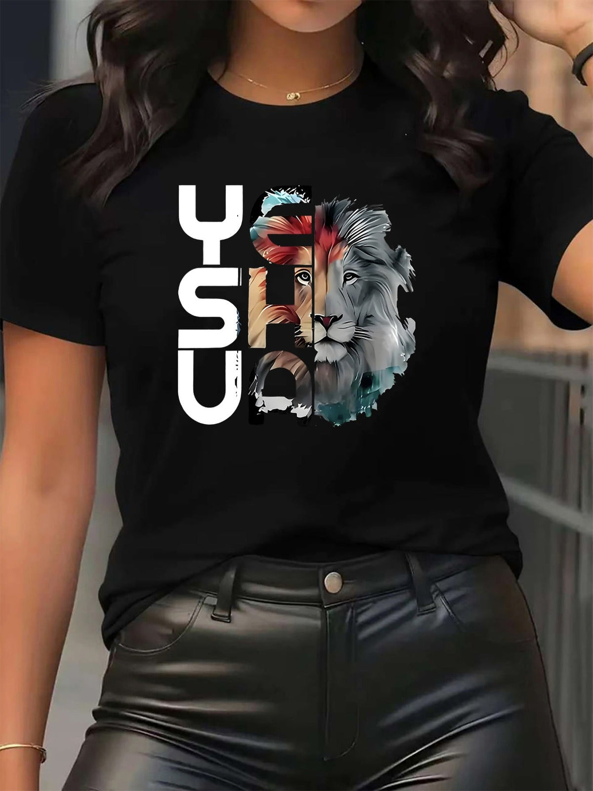 Lion Print Crew Neck Short Sleeve Tee Restaurant Work Comfort Fit Modern Top