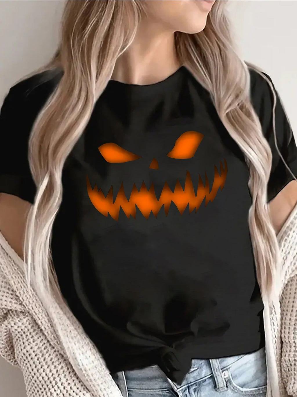 Pumpkin Graphic Black Crew Neck Tee Halloween Home Living Lightweight Top
