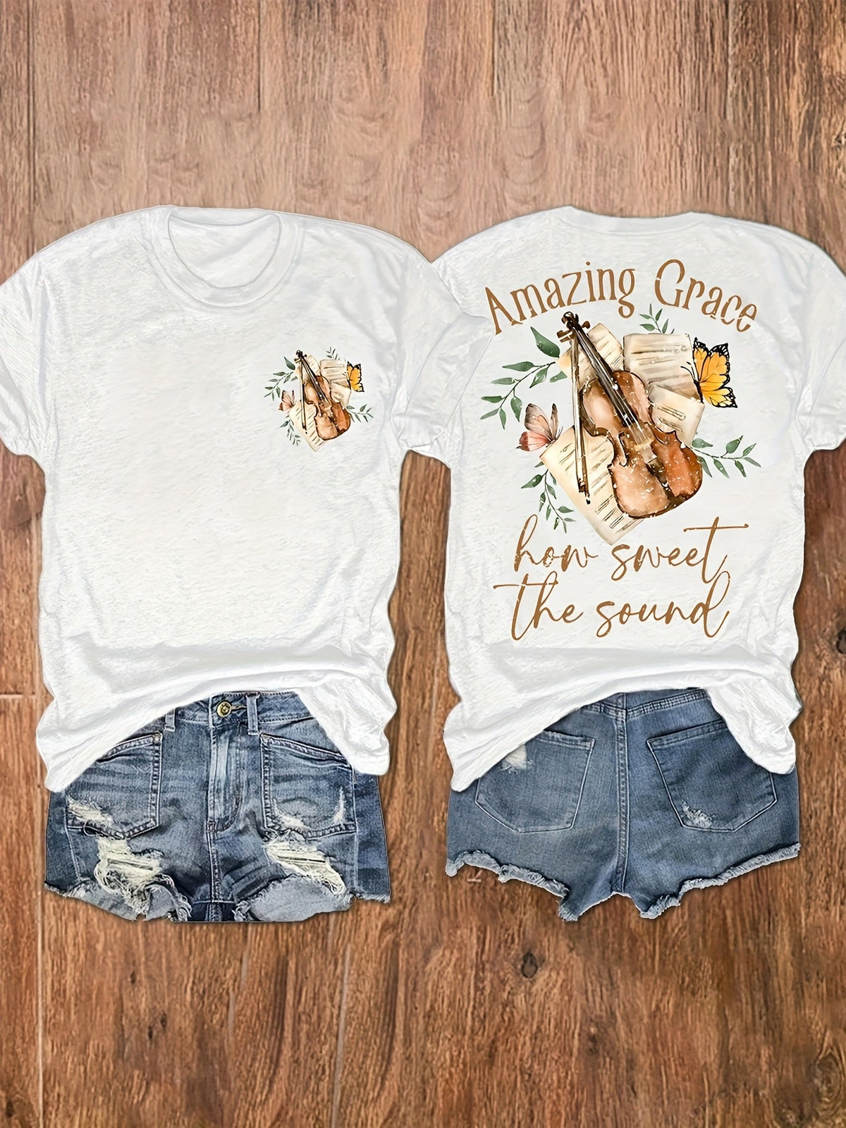 Women Amazing Grace How Sweet The Sound Graphic T‑Shirt Violin Butterfly Music Note Print Short Sleeve Faith Casual Tee