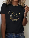 Women's Gold Crescent Moon and Stars Graphic Tee, Boho Celestial Print Short Sleeve Crew Neck T-Shirt, Casual Soft Everyday Summer Top, Available in Plus Sizes