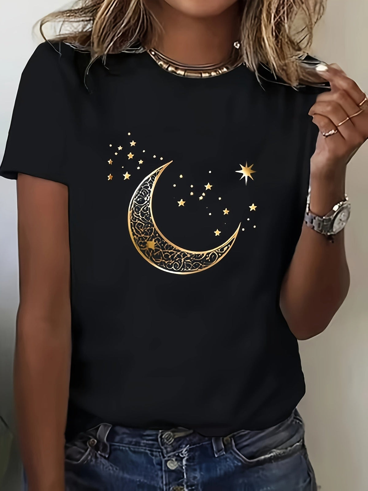 Women's Gold Crescent Moon and Stars Graphic Tee, Boho Celestial Print Short Sleeve Crew Neck T-Shirt, Casual Soft Everyday Summer Top, Available in Plus Sizes