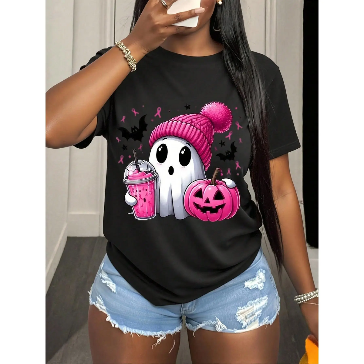 October Pink Ghost Breast Cancer Awareness Tee with Pink Ribbon Tshirt