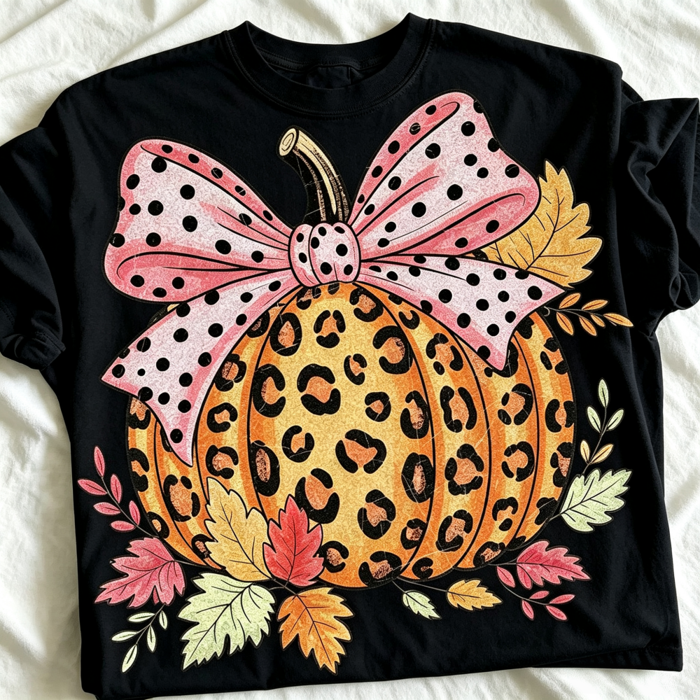 Casual Print Pumpkin T-Shirt With Polka Dot Bow, Cute Short Sleeve Round Neck Top