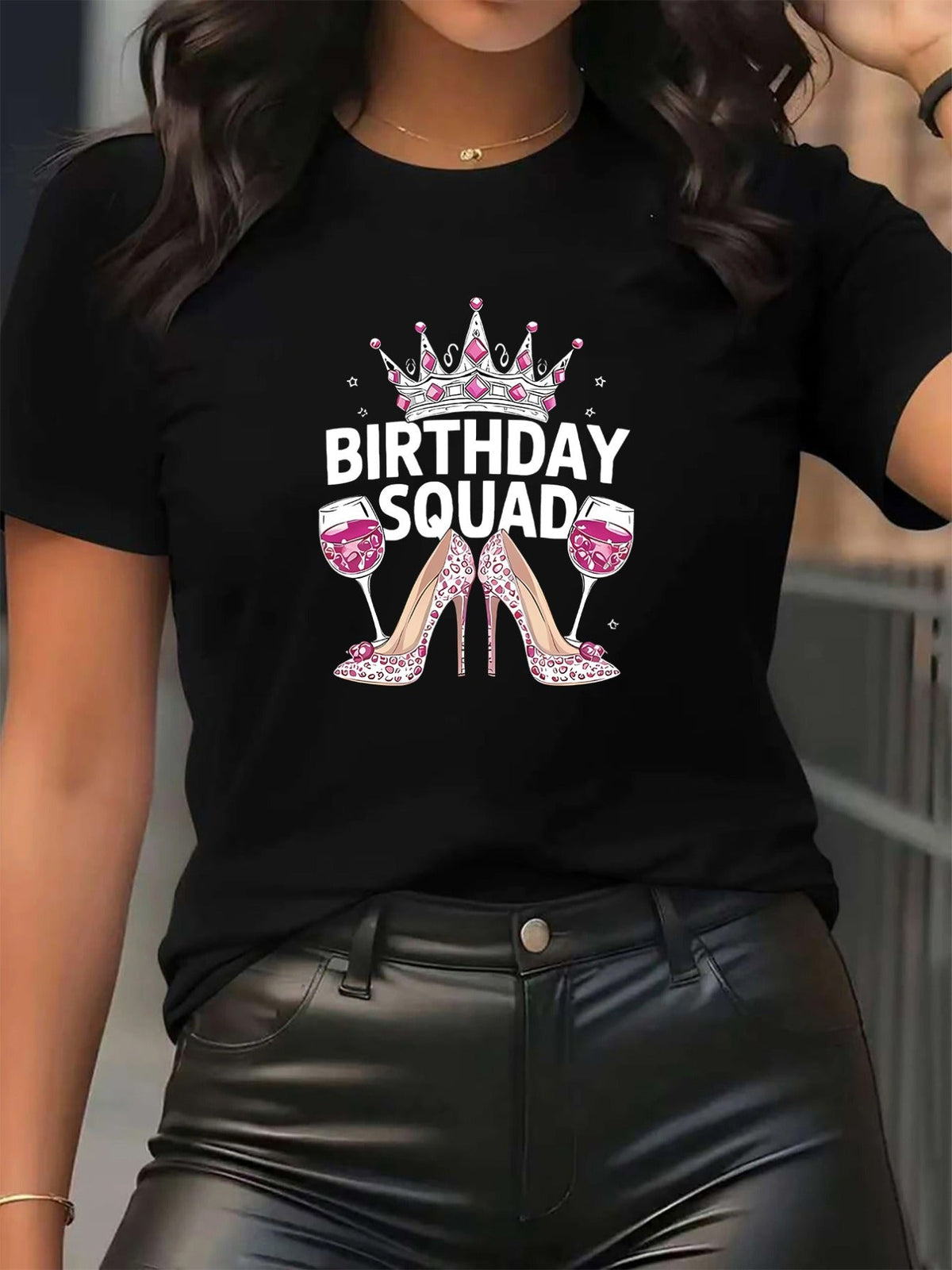 Birthday Crown Print Short Sleeve Tee Dining Event Crew Neck Comfort Top