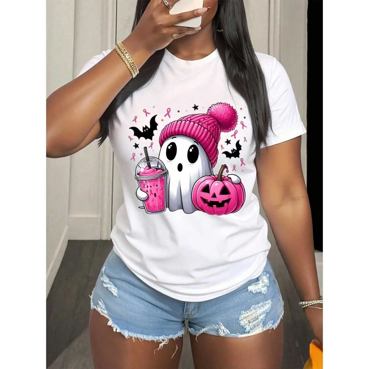 October Pink Ghost Breast Cancer Awareness Tee with Pink Ribbon Tshirt