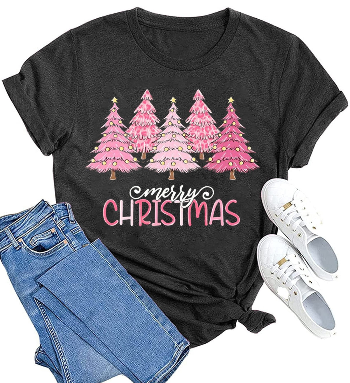 hcihgzr Merry Christmas Shirts for Women Funny Xmas Tree Graphic T-Shirt Casual Holiday Tee Tops(S,9 Dark Grey)